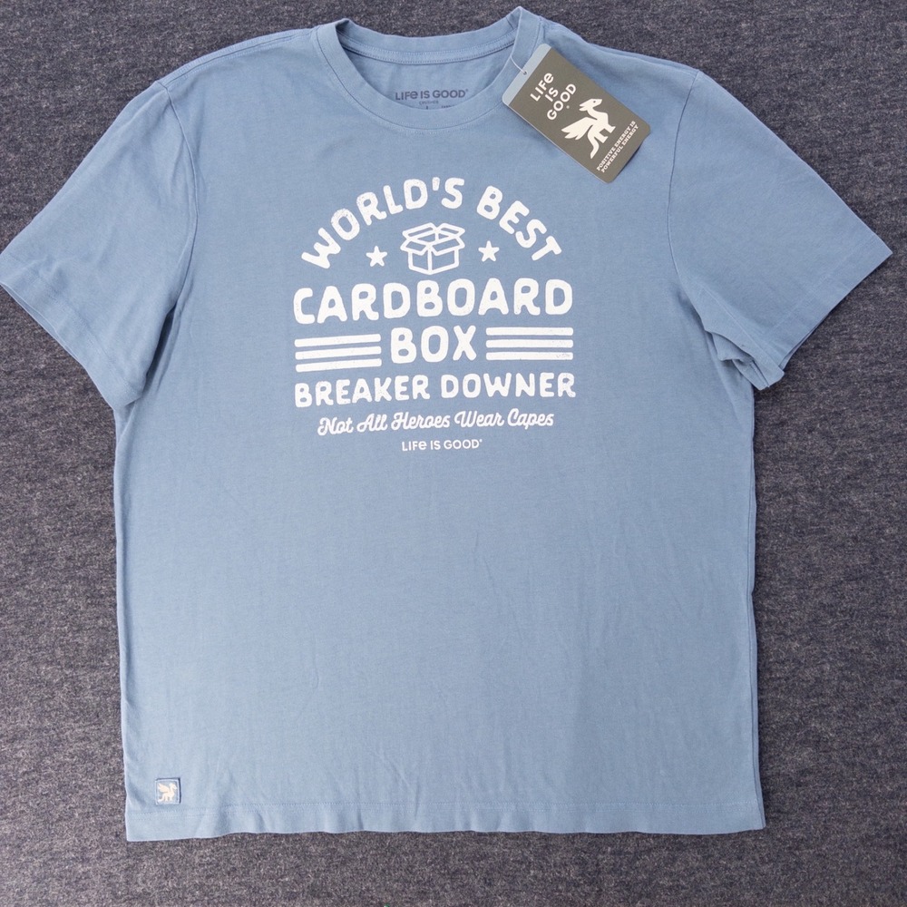 Life Is Good Crusher Tee Mens Large Blue Cardboard Box Breaker New